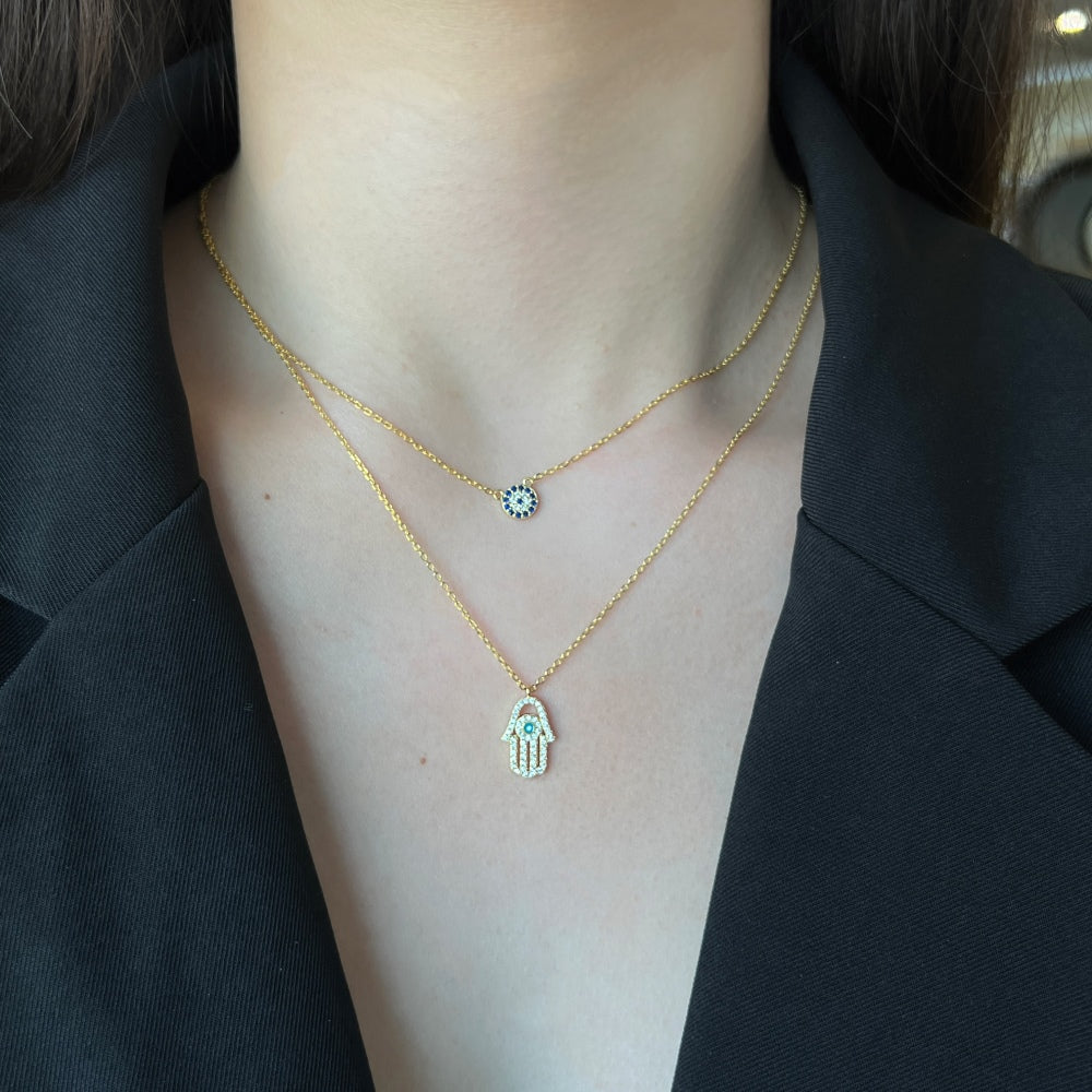 GOLD PLATED EVIL EYE HAMSA HAND NECKLACE