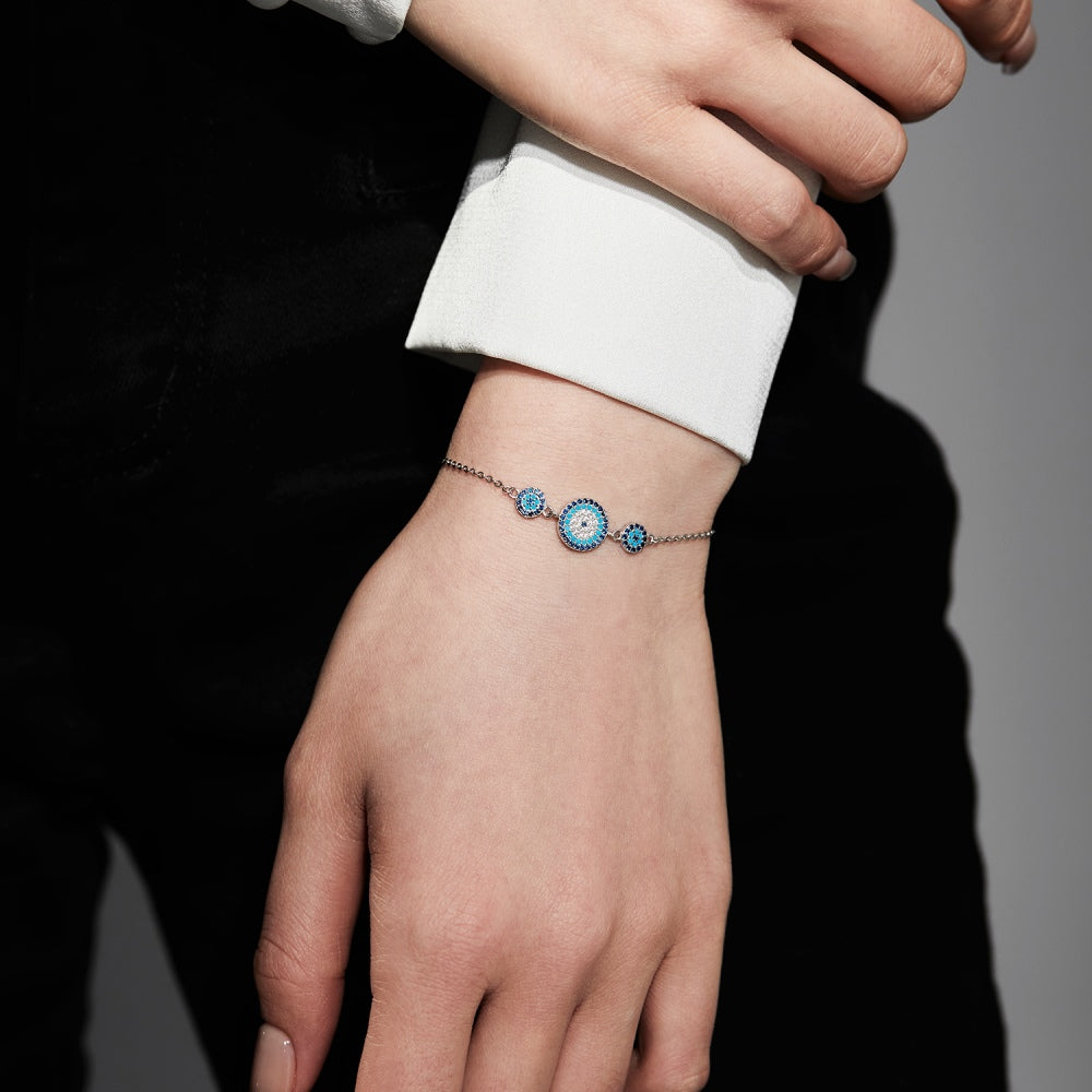 STERLING SILVER ROUND EVIL EYE BRACELET
