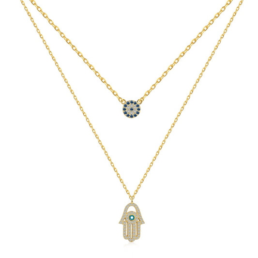 GOLD PLATED EVIL EYE HAMSA HAND NECKLACE