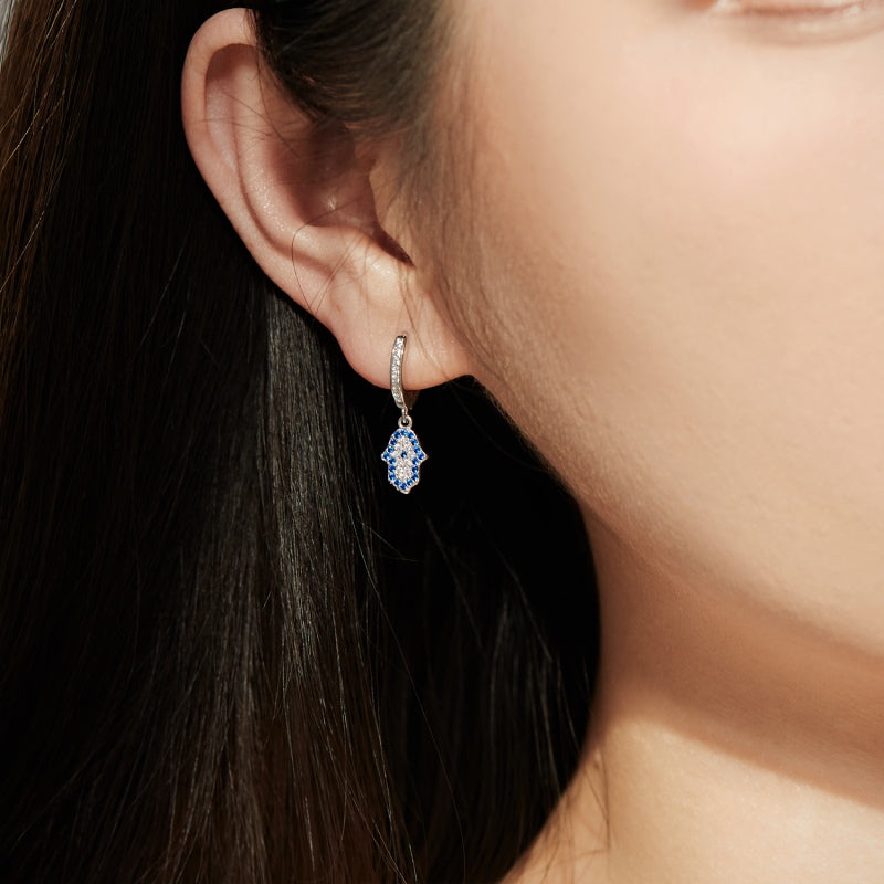 HAMSA HAND DANGLE EARRINGS- SILVER