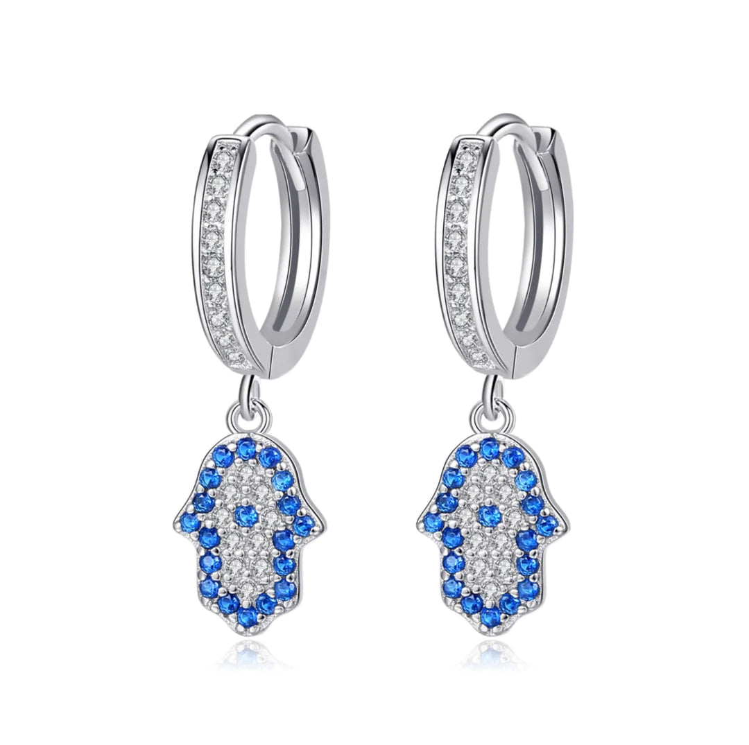 HAMSA HAND DANGLE EARRINGS- SILVER