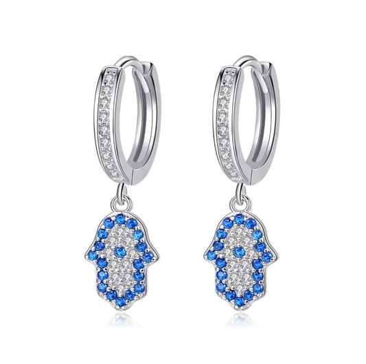 HAMSA HAND DANGLE EARRINGS- SILVER
