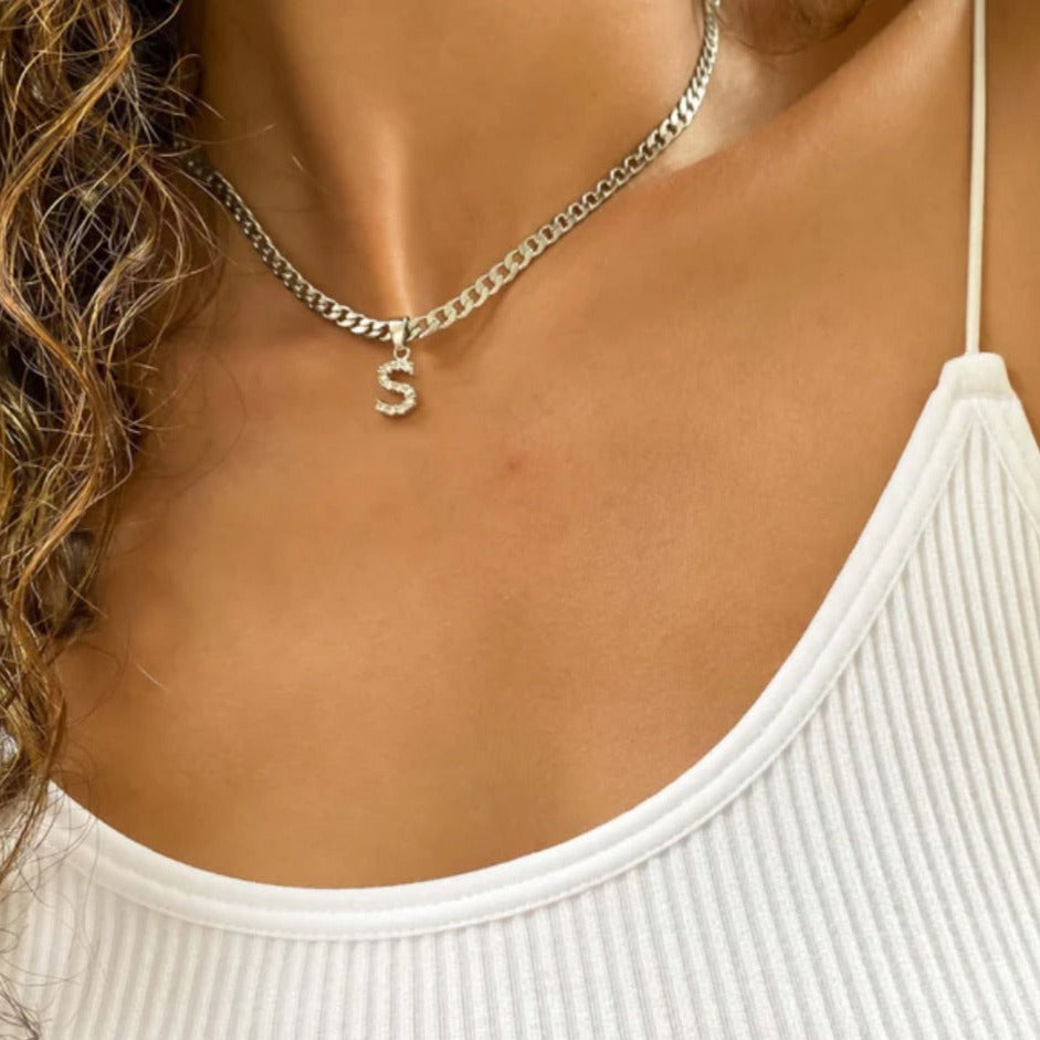 SILVER DIAMANTÉ INITIAL NECKLACE